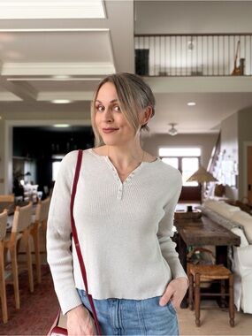 Relativity Size M 100% Cotton Ribbed Henley | Knit Top | Oatmeal
